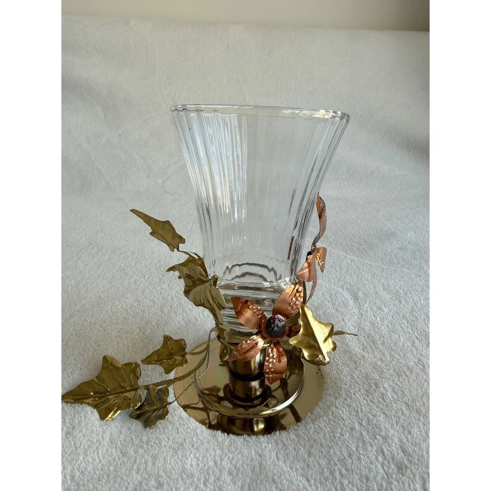 Vintage Homco Glass Candle Votive Sconce Copper Gold Leaves Brass Base Fairy